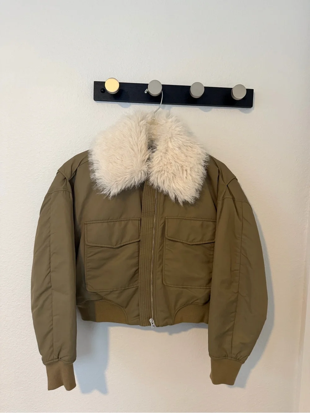 rag & bone Olive Bomber Jacket with Cream Faux Fur Collar